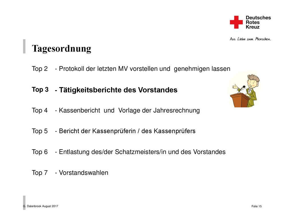 Tagesordnung - Protokoll der letzten MV vorstellen und genehmigen lassen. Top 2. - Tätigkeitsberichte des Vorstandes.