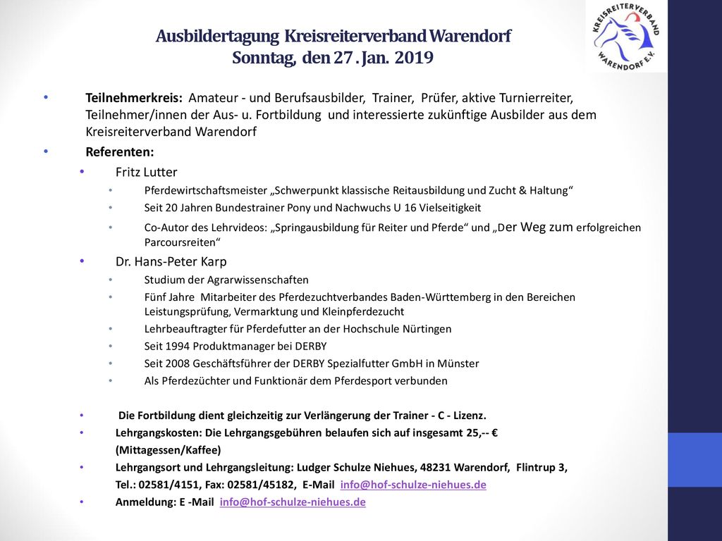 Ausbildertagung Kreisreiterverband Warendorf Sonntag, den 27 . Jan. 2019