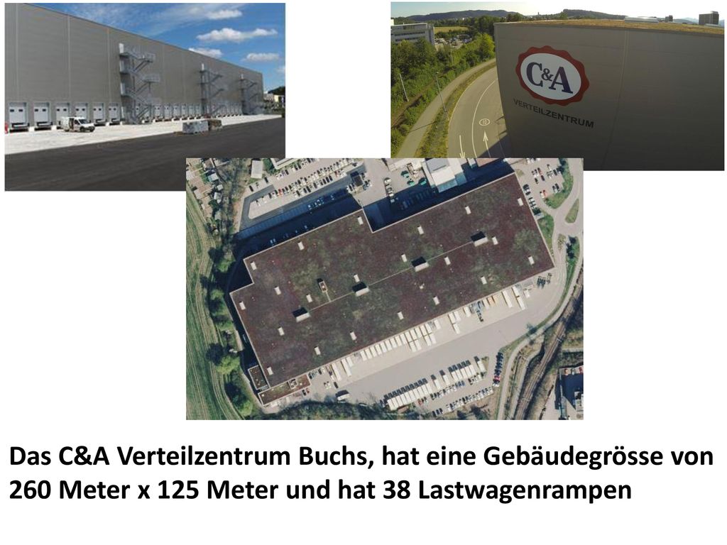 Das C&A Verteilzentrum Buchs, hat eine Gebäudegrösse von 260 Meter x 125 Meter und hat 38 Lastwagenrampen