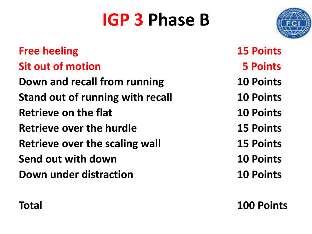 IGP 3 Phase B Free heeling 15 Points Sit out of motion 5 Points