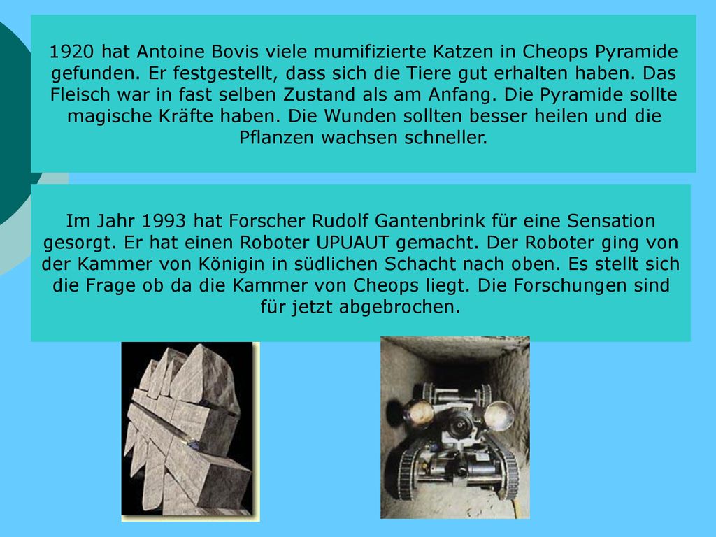 1920 hat Antoine Bovis viele mumifizierte Katzen in Cheops Pyramide gefunden. Er festgestellt, dass sich die Tiere gut erhalten haben. Das Fleisch war in fast selben Zustand als am Anfang. Die Pyramide sollte magische Kräfte haben. Die Wunden sollten besser heilen und die Pflanzen wachsen schneller.