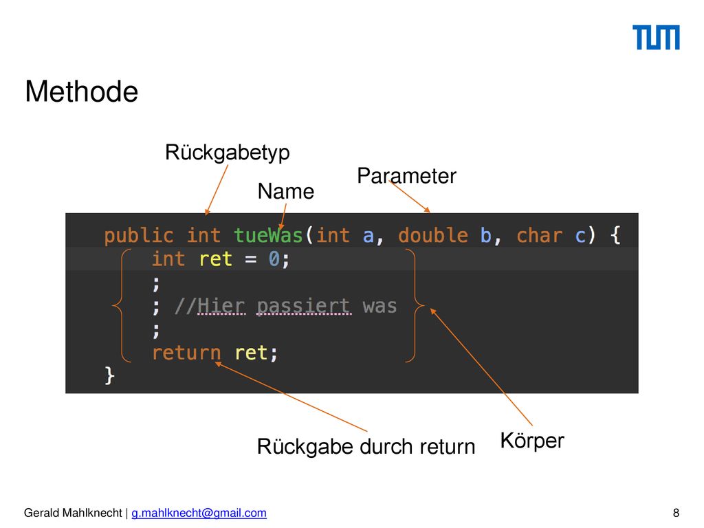 Methode Rückgabetyp Parameter Name Körper Rückgabe durch return