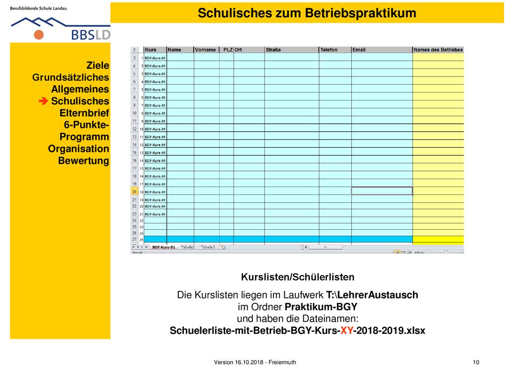 Schulisches zum Betriebspraktikum Kurslisten/Schülerlisten