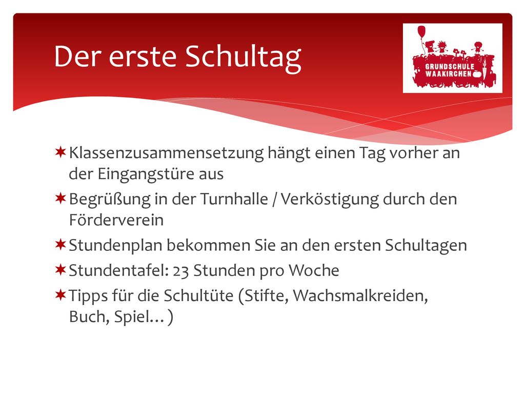 Der erste Schultag Klassenzusammensetzung hängt einen Tag vorher an der Eingangstüre aus.
