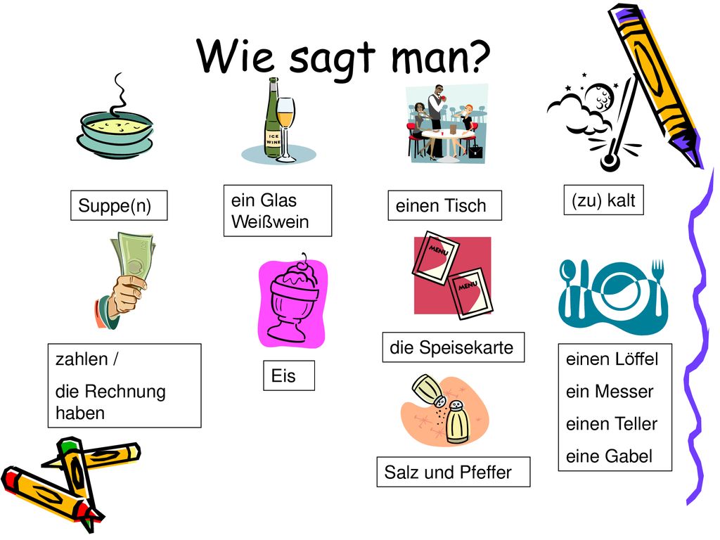 Wie sagt man ein Glas Weißwein (zu) kalt Suppe(n) einen Tisch
