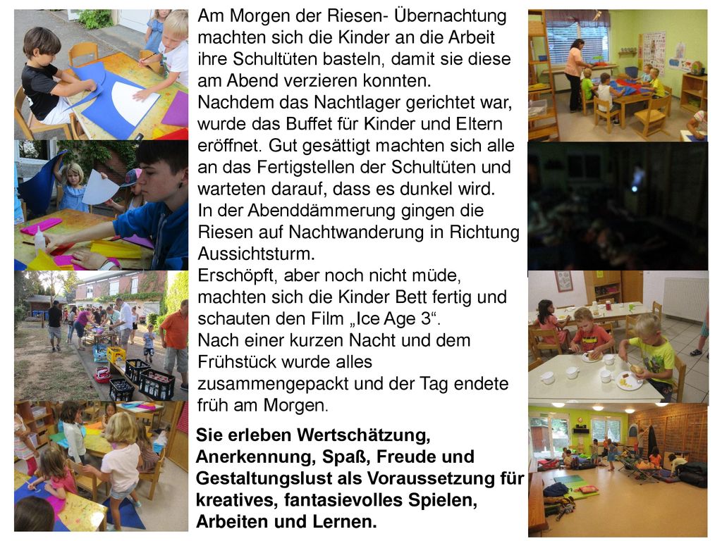 Am Morgen der Riesen- Übernachtung machten sich die Kinder an die Arbeit ihre Schultüten basteln, damit sie diese am Abend verzieren konnten.
