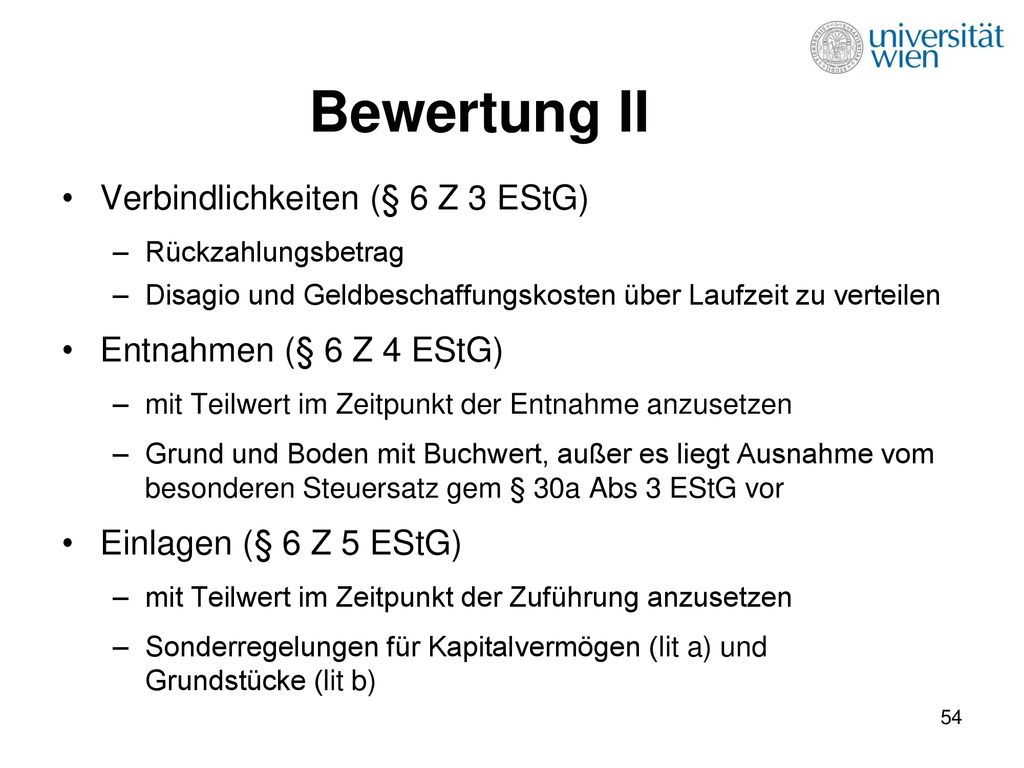 Bewertung II Verbindlichkeiten (§ 6 Z 3 EStG) Entnahmen (§ 6 Z 4 EStG)