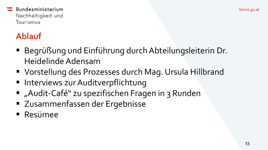 Ablauf Begrüßung und Einführung durch Abteilungsleiterin Dr. Heidelinde Adensam. Vorstellung des Prozesses durch Mag. Ursula Hillbrand.
