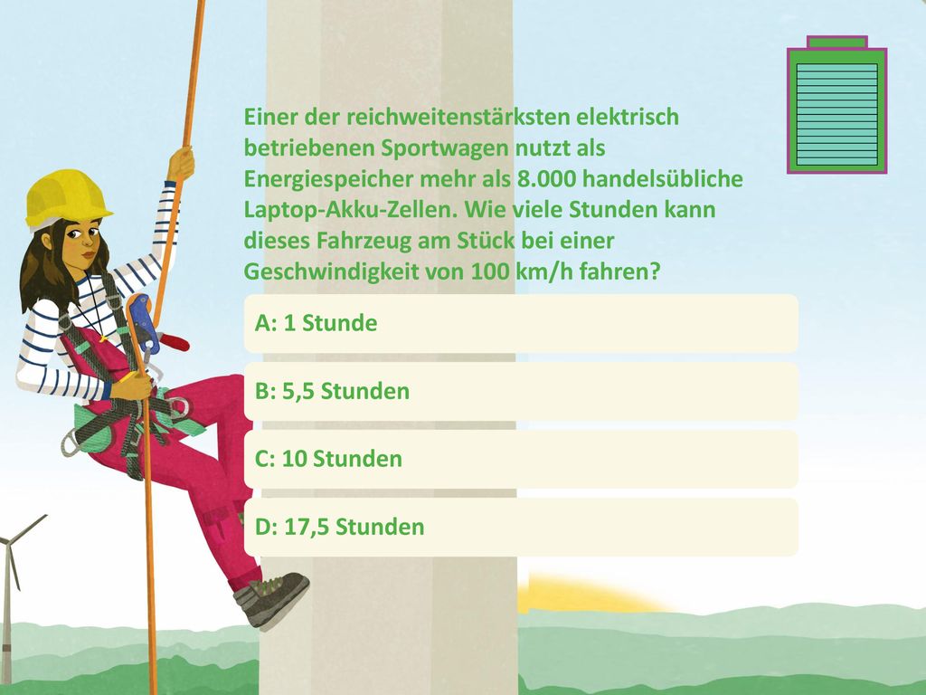 Einer der reichweitenstärksten elektrisch betriebenen Sportwagen nutzt als Energiespeicher mehr als handelsübliche Laptop-Akku-Zellen. Wie viele Stunden kann dieses Fahrzeug am Stück bei einer Geschwindigkeit von 100 km/h fahren