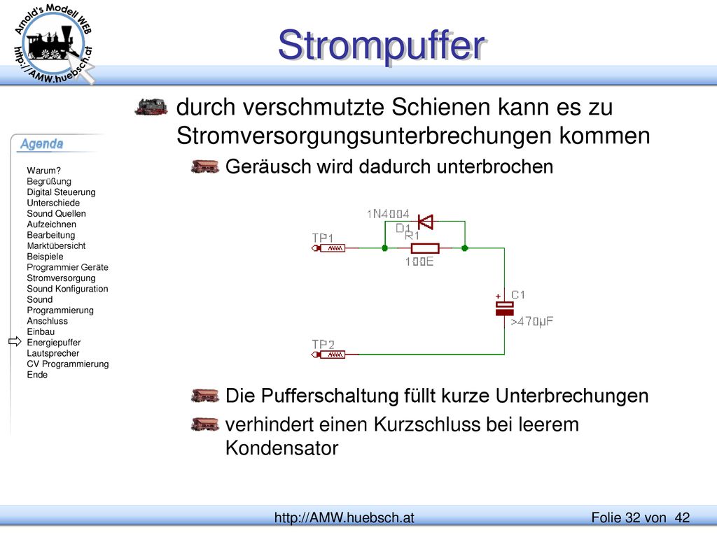 Strompuffer durch verschmutzte Schienen kann es zu Stromversorgungsunterbrechungen kommen. Geräusch wird dadurch unterbrochen.