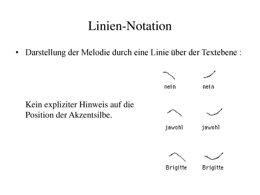 Linien-Notation Darstellung der Melodie durch eine Linie über der Textebene : Kein expliziter Hinweis auf die Position der Akzentsilbe.