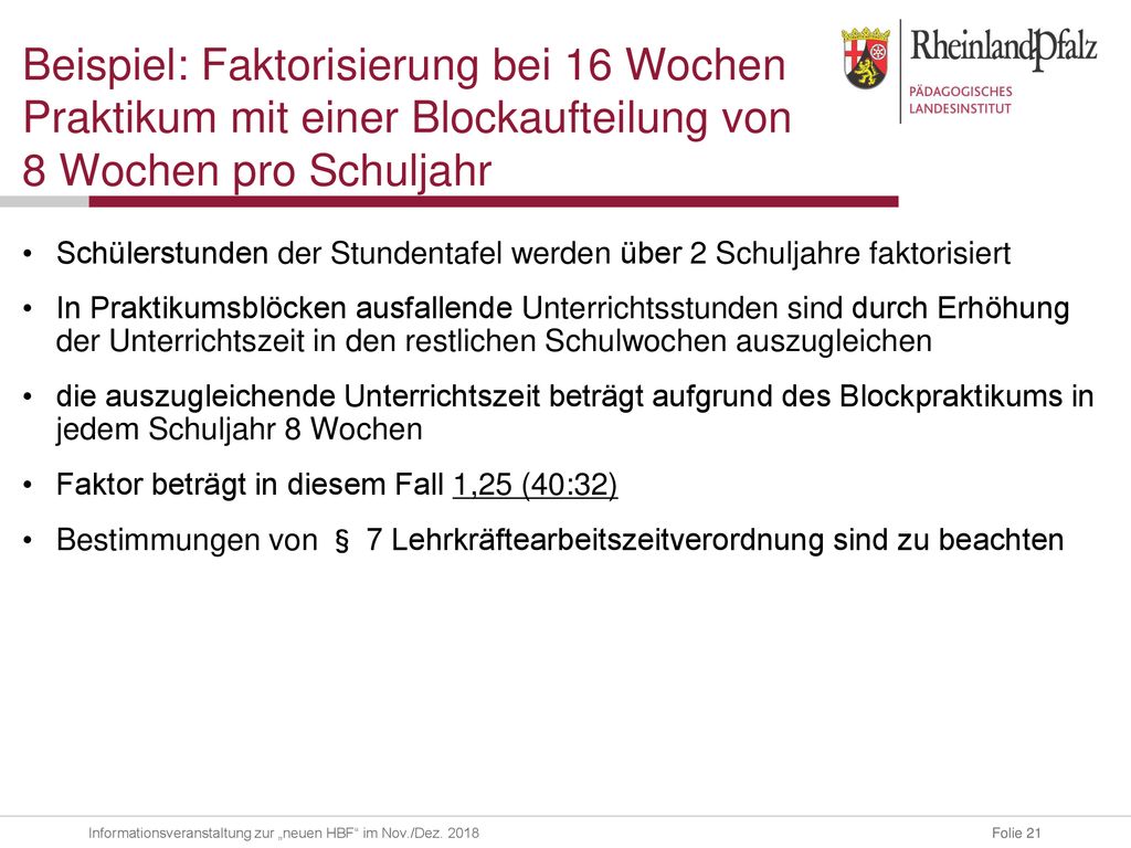 Beispiel: Faktorisierung bei 16 Wochen Praktikum mit einer Blockaufteilung von 8 Wochen pro Schuljahr