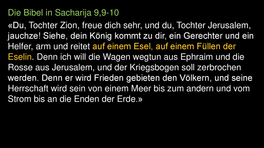 Die Bibel in Sacharija 9,9-10 «Du, Tochter Zion, freue dich sehr, und du, Tochter Jerusalem, jauchze.