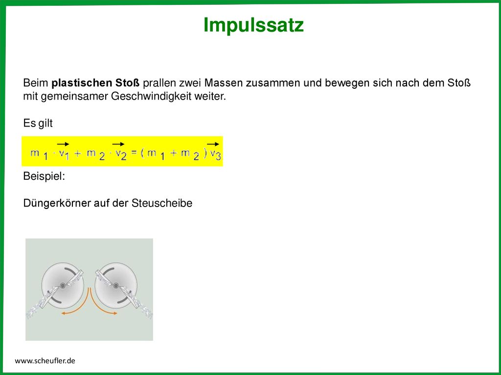 Impulssatz Beim plastischen Stoß prallen zwei Massen zusammen und bewegen sich nach dem Stoß mit gemeinsamer Geschwindigkeit weiter.