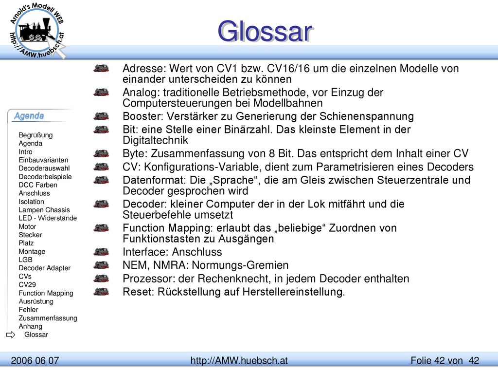 Glossar Adresse: Wert von CV1 bzw. CV16/16 um die einzelnen Modelle von einander unterscheiden zu können.