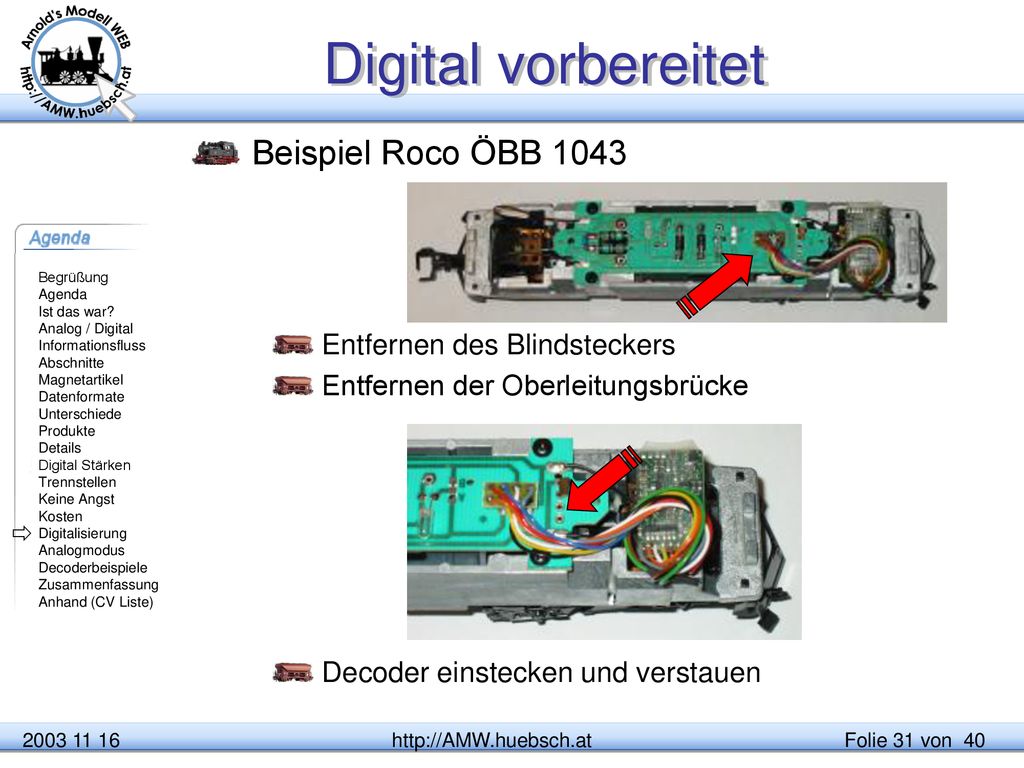 Digital vorbereitet Beispiel Roco ÖBB 1043 Entfernen des Blindsteckers