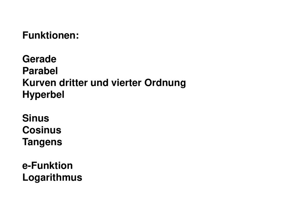 Funktionen: Gerade. Parabel. Kurven dritter und vierter Ordnung. Hyperbel. Sinus. Cosinus. Tangens.