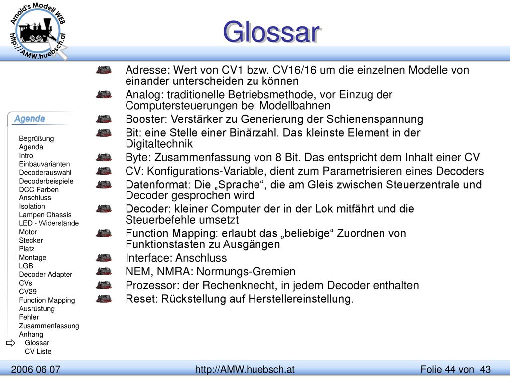 Glossar Adresse: Wert von CV1 bzw. CV16/16 um die einzelnen Modelle von einander unterscheiden zu können.