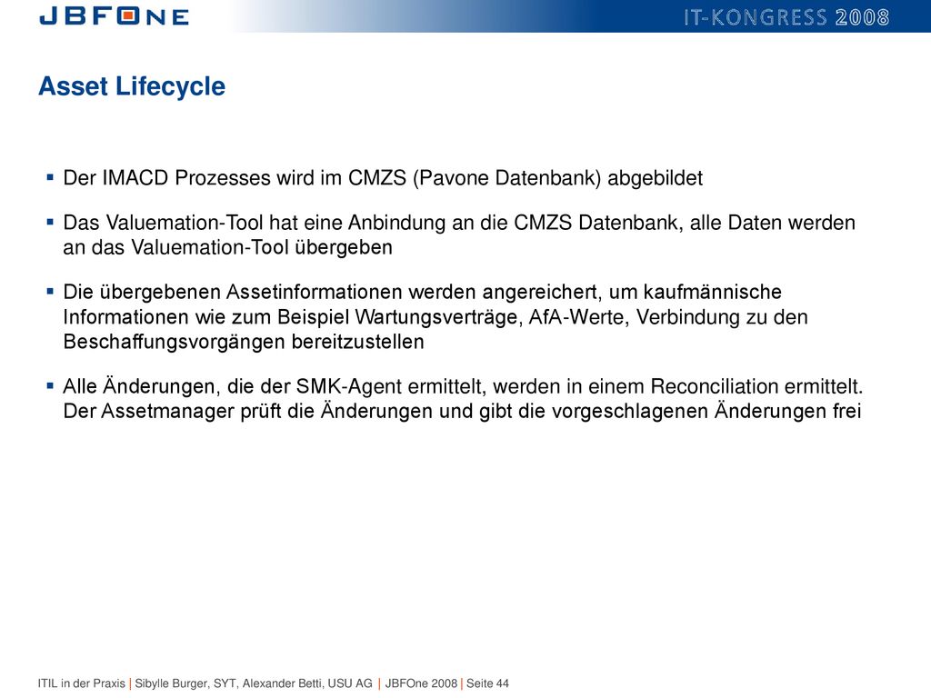 Asset Lifecycle Der IMACD Prozesses wird im CMZS (Pavone Datenbank) abgebildet.