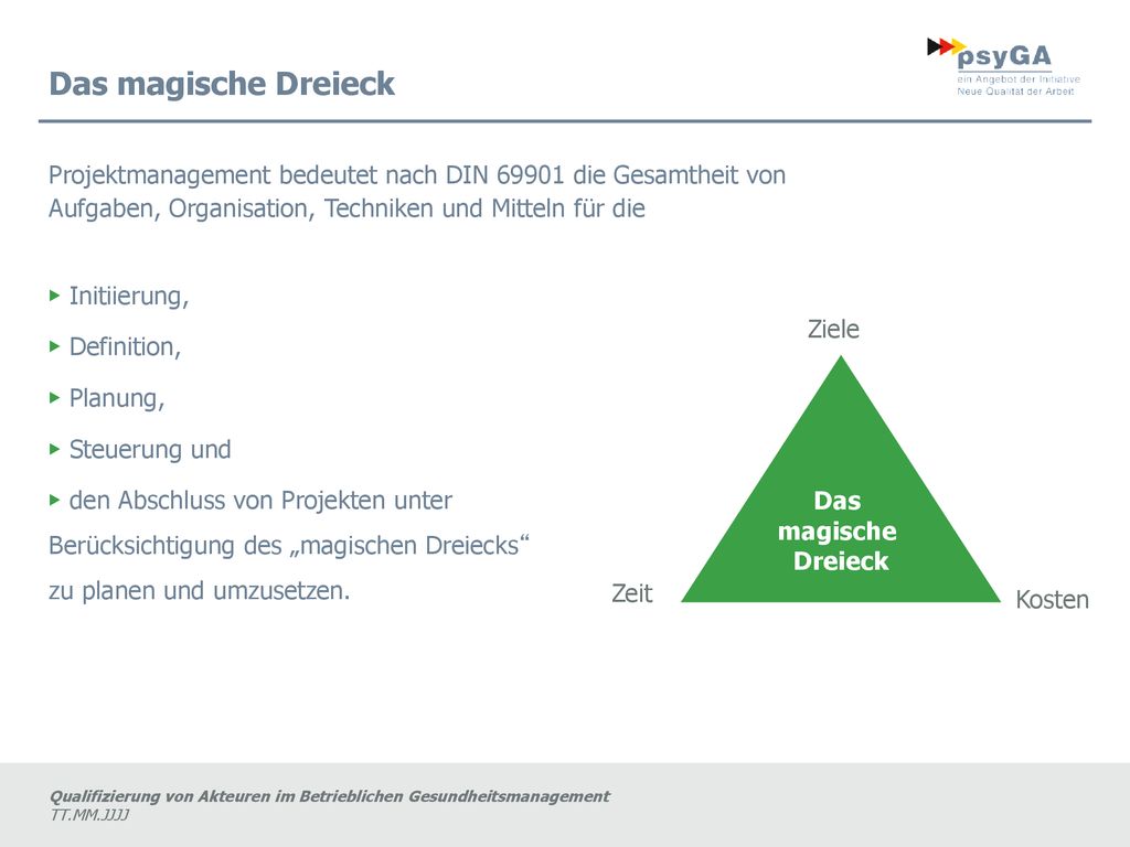 Das magische Dreieck Projektmanagement bedeutet nach DIN die Gesamtheit von Aufgaben, Organisation, Techniken und Mitteln für die.
