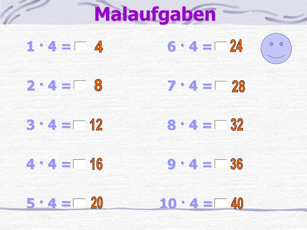 Malaufgaben 1 · 4 = 6 · 4 = 2 · 4 = 7 · 4 = 3 · 4 = 8 · 4 = 4 · 4 =