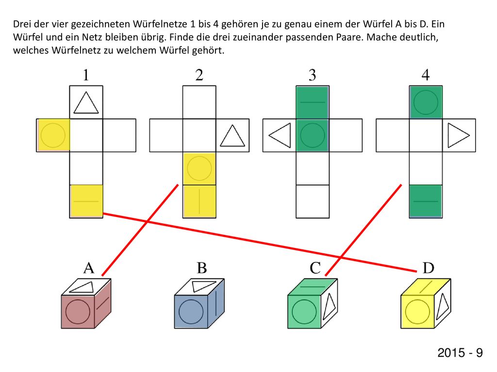 Drei der vier gezeichneten Würfelnetze 1 bis 4 gehören je zu genau einem der Würfel A bis D. Ein Würfel und ein Netz bleiben übrig. Finde die drei zueinander passenden Paare. Mache deutlich, welches Würfelnetz zu welchem Würfel gehört.