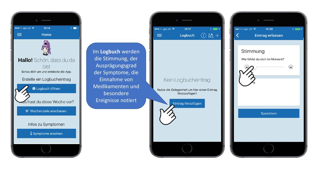 Im Logbuch werden die Stimmung, der Ausprägungsgrad der Symptome, die Einnahme von Medikamenten und besondere Ereignisse notiert