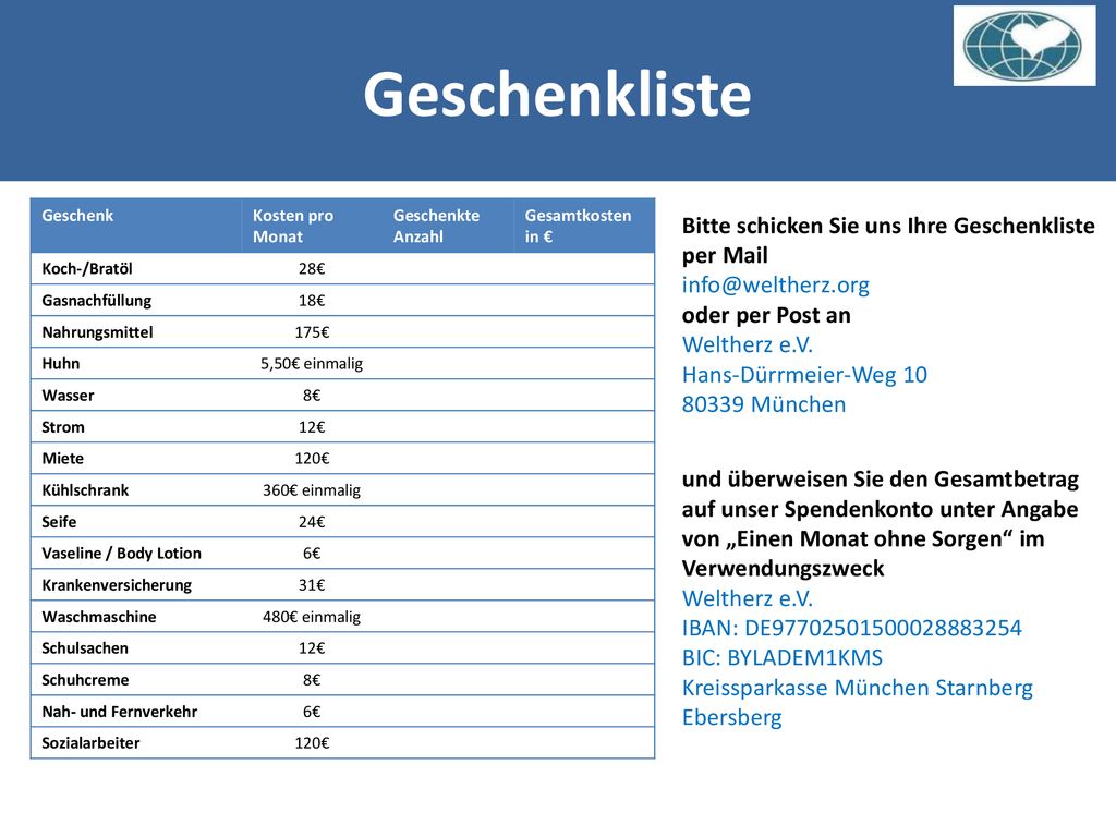 Geschenkliste Bitte schicken Sie uns Ihre Geschenkliste per Mail