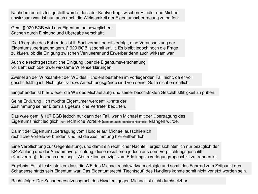 Nachdem bereits festgestellt wurde, dass der Kaufvertrag zwischen Händler und Michael unwirksam war, ist nun auch noch die Wirksamkeit der Eigentumsübertragung zu prüfen: