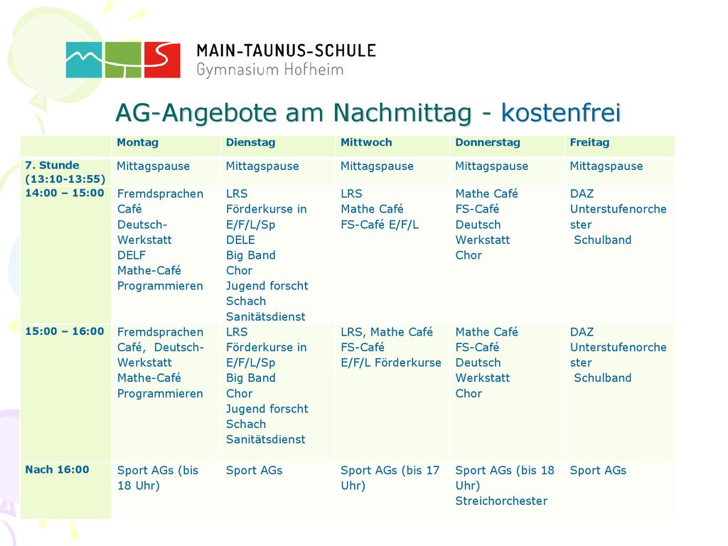 AG-Angebote am Nachmittag - kostenfrei