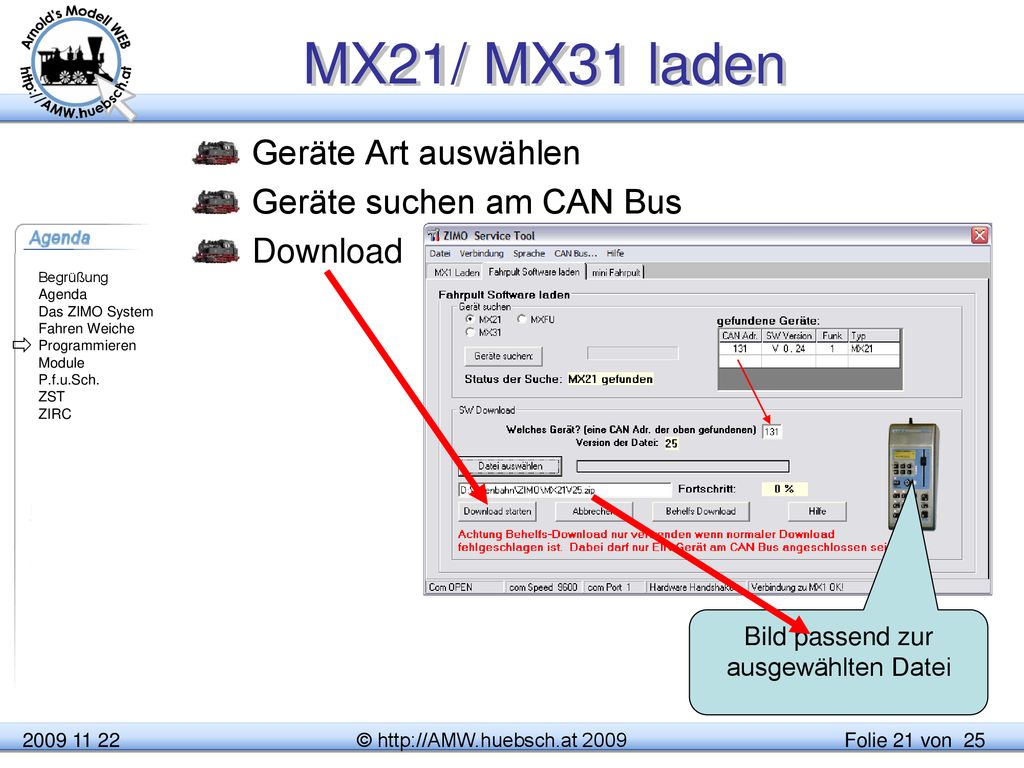 MX21/ MX31 laden Geräte Art auswählen Geräte suchen am CAN Bus