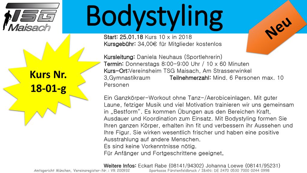 Bodystyling Neu Kurs Nr g Start: Kurs 10 x in 2018