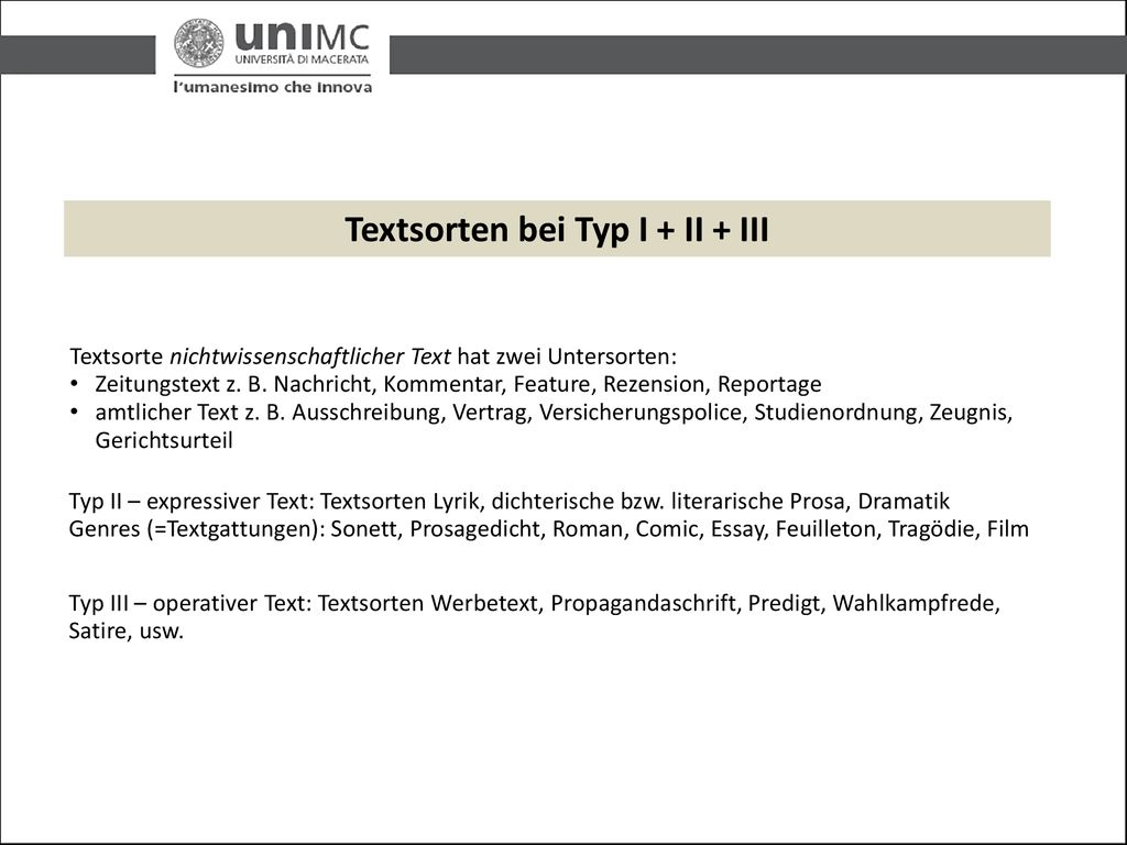 Textsorten bei Typ I + II + III