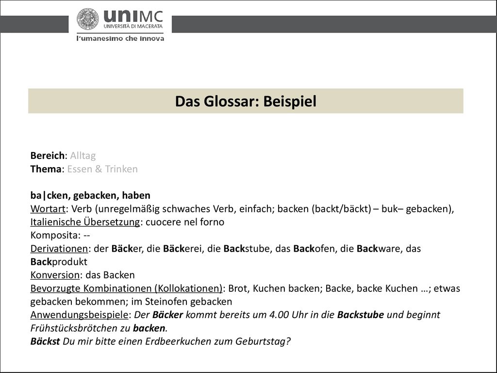Das Glossar: Beispiel 4 Bereich: Alltag Thema: Essen & Trinken