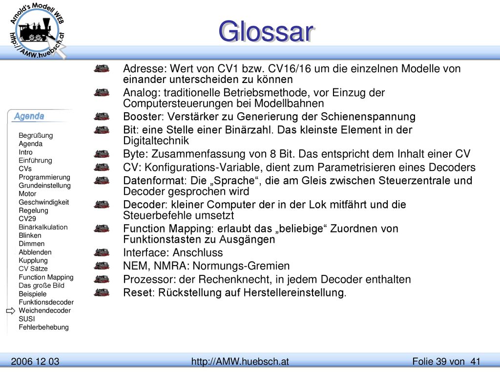 Glossar Adresse: Wert von CV1 bzw. CV16/16 um die einzelnen Modelle von einander unterscheiden zu können.