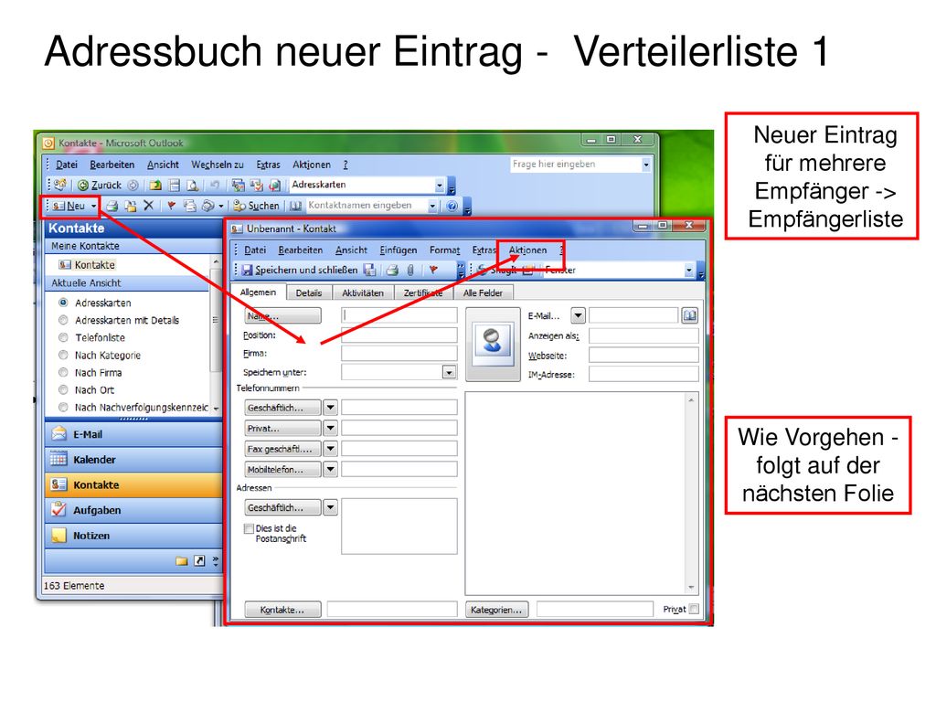 Adressbuch neuer Eintrag - Verteilerliste 1