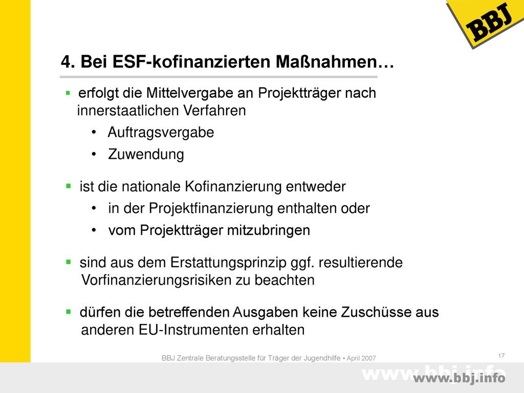 BBJ Zentrale Beratungsstelle für Träger der Jugendhilfe • April 2007