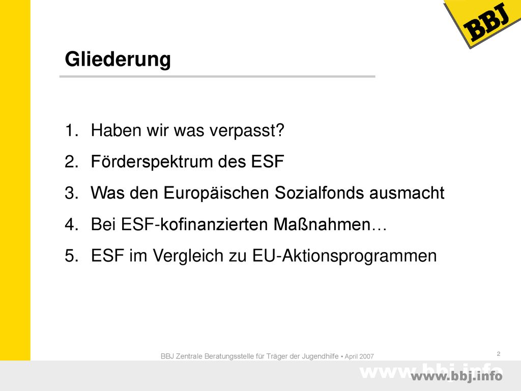 BBJ Zentrale Beratungsstelle für Träger der Jugendhilfe • April 2007