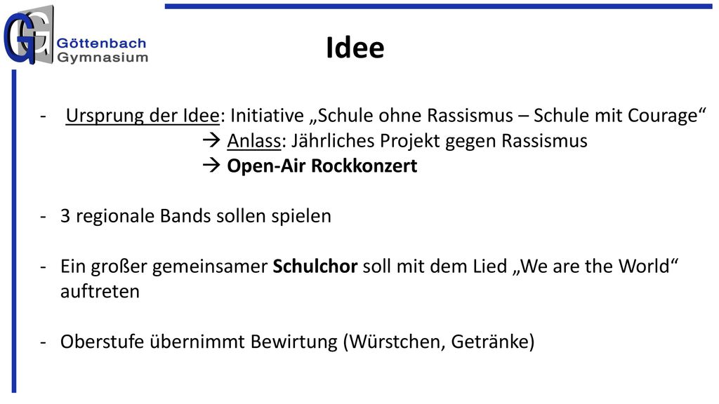 Idee - Ursprung der Idee: Initiative „Schule ohne Rassismus – Schule mit Courage  Anlass: Jährliches Projekt gegen Rassismus.