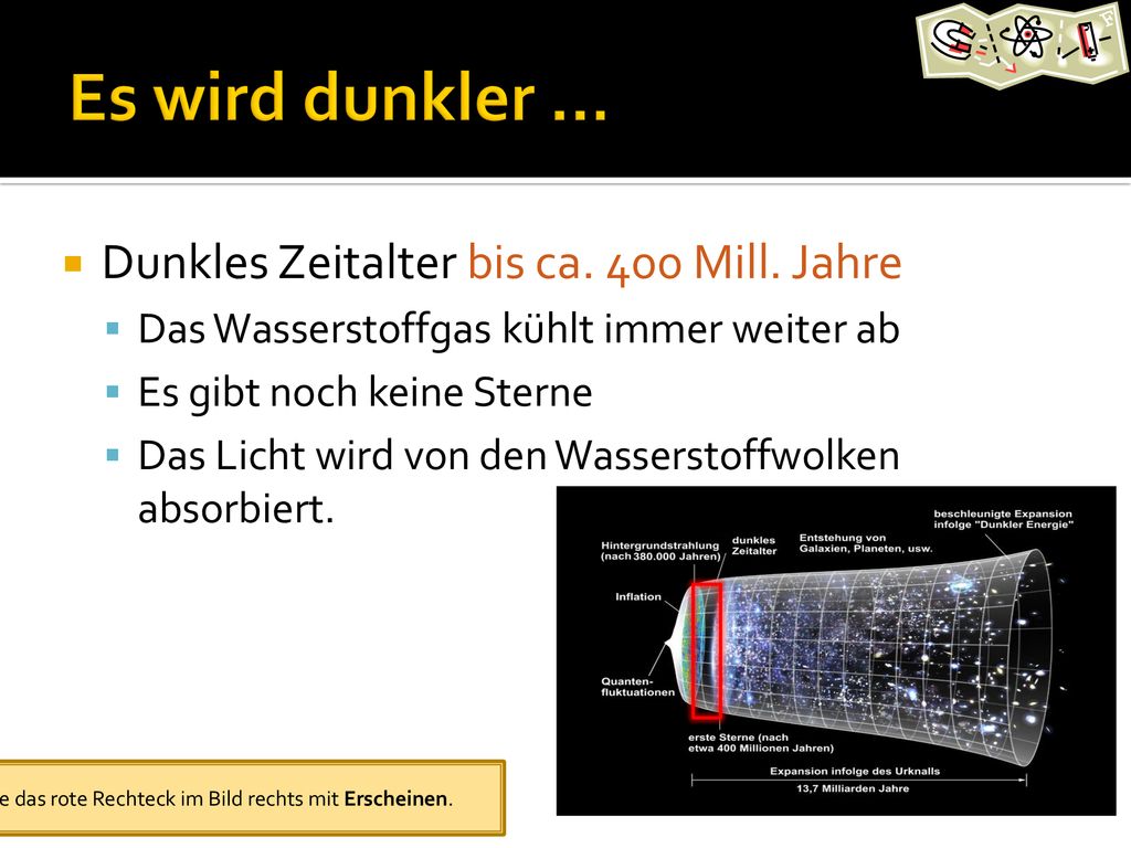Es wird dunkler … Dunkles Zeitalter bis ca. 400 Mill. Jahre