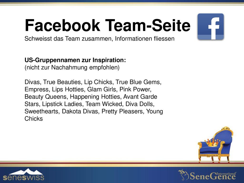 Facebook Team-Seite Schweisst das Team zusammen, Informationen fliessen. US-Gruppennamen zur Inspiration: