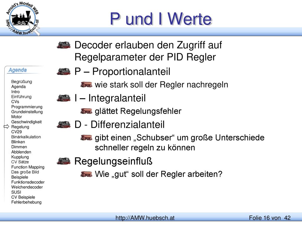 P und I Werte Decoder erlauben den Zugriff auf Regelparameter der PID Regler. P – Proportionalanteil.