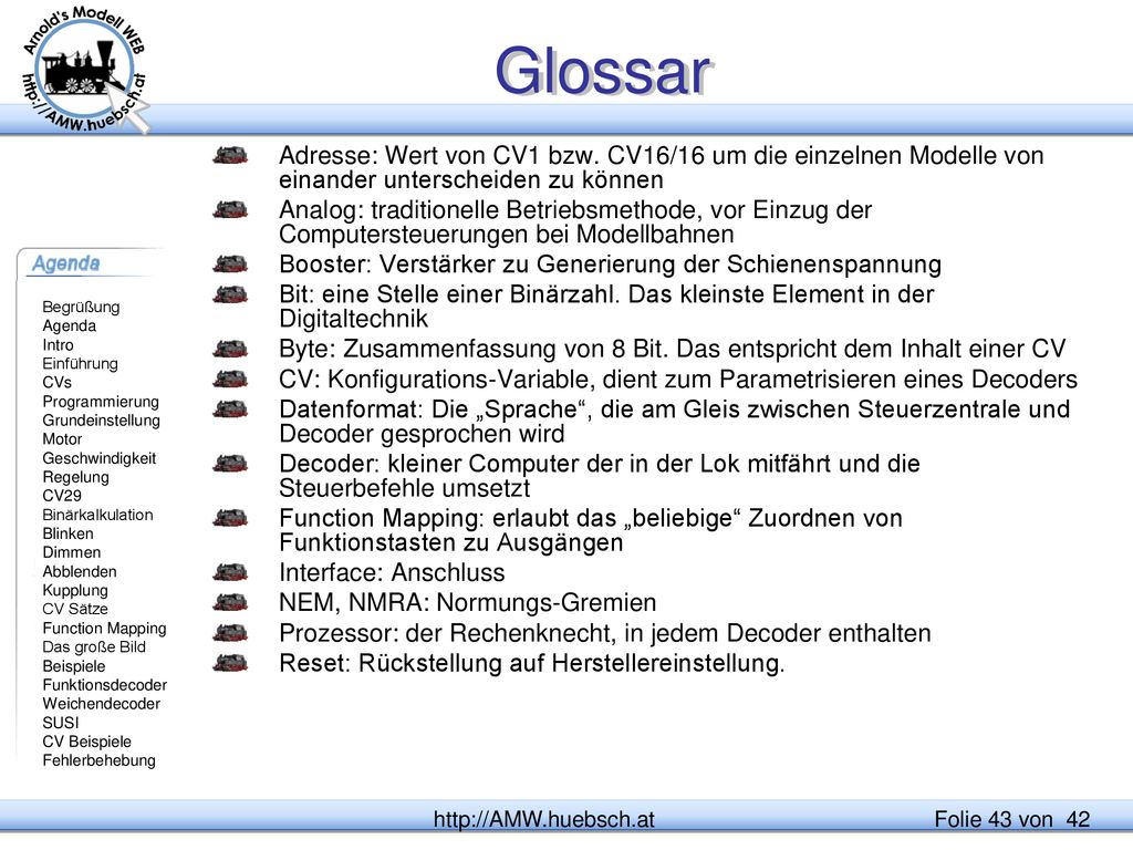 Glossar Adresse: Wert von CV1 bzw. CV16/16 um die einzelnen Modelle von einander unterscheiden zu können.