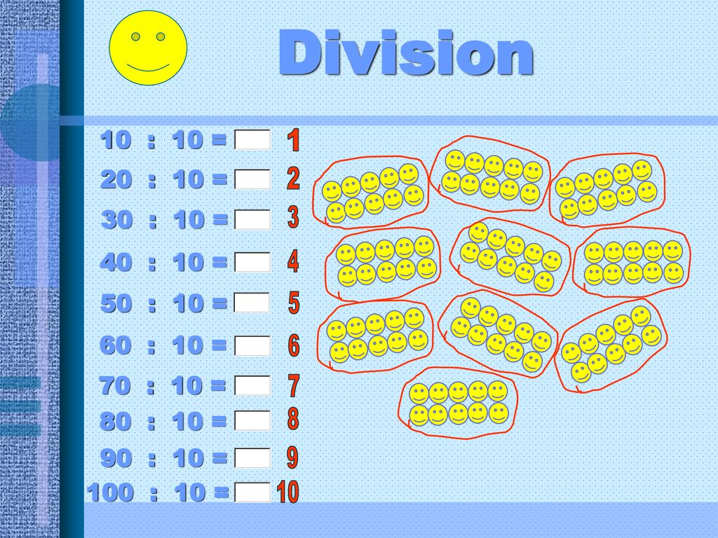 Division 10 : 10 = 20 : 10 = 30 : 10 = 40 : 10 = 50 : 10 = 60 : 10 =