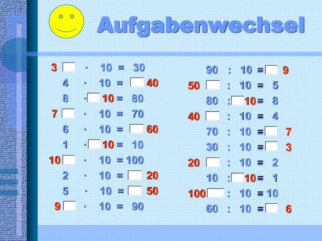 Aufgabenwechsel · 10 = 8 · = 80 · 10 = 70