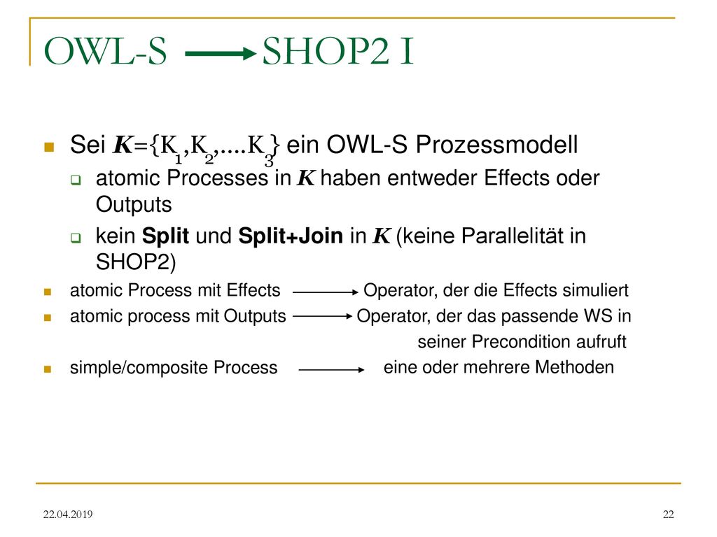 OWL-S SHOP2 I Sei K={K ,K ,….K } ein OWL-S Prozessmodell