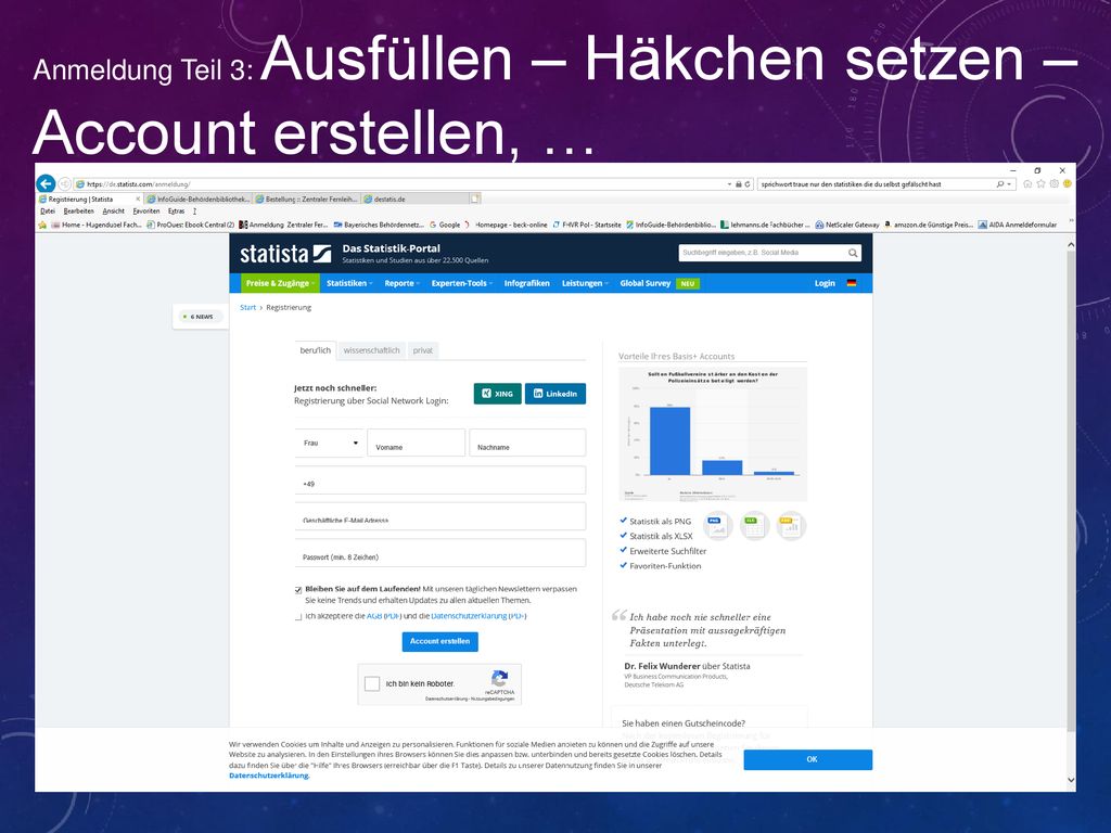 Anmeldung Teil 3: Ausfüllen – Häkchen setzen – Account erstellen, …