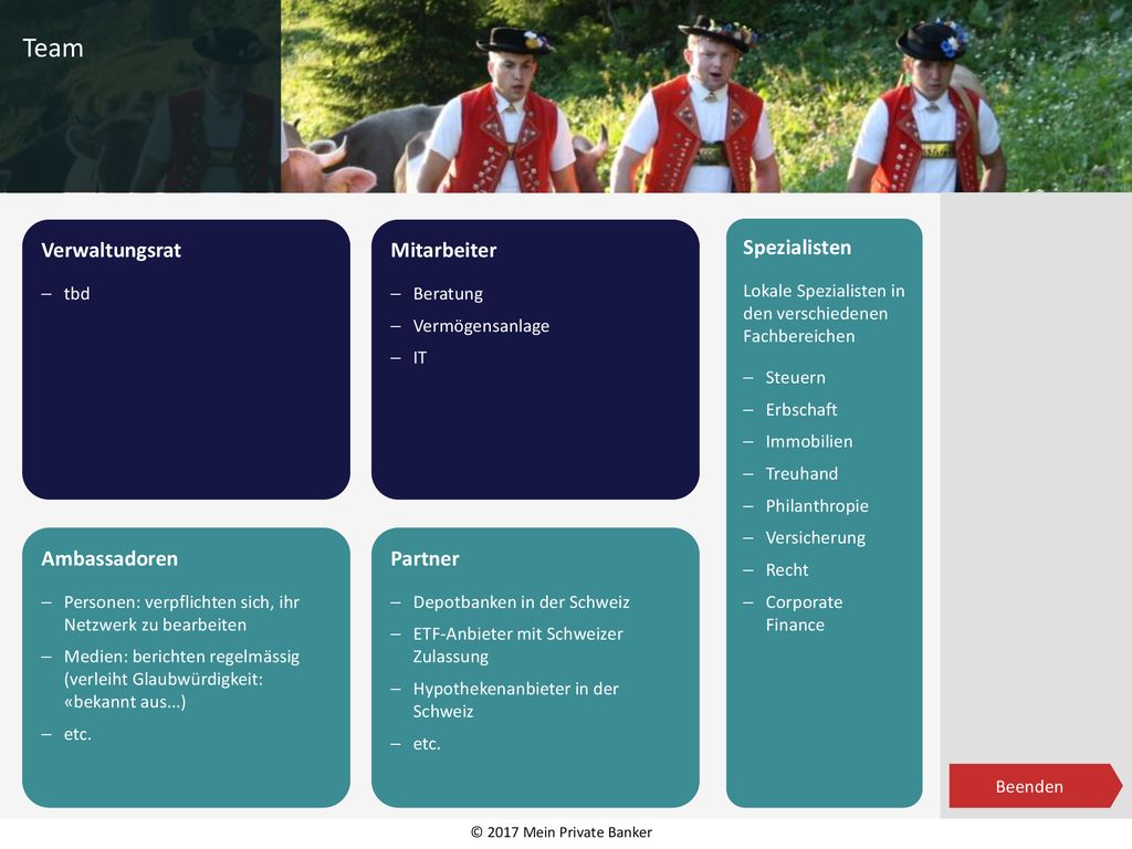 Team Verwaltungsrat Mitarbeiter Ambassadoren Partner Spezialisten tbd
