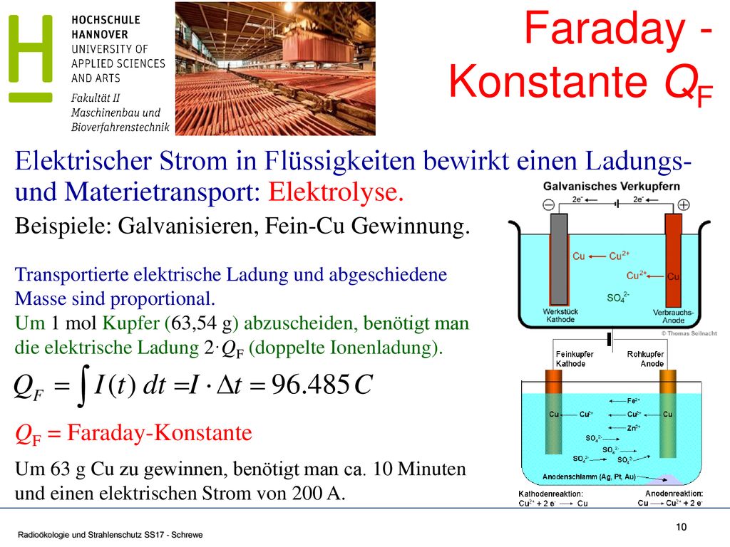Faraday - Konstante QF Elektrischer Strom in Flüssigkeiten bewirkt einen Ladungs- und Materietransport: Elektrolyse.