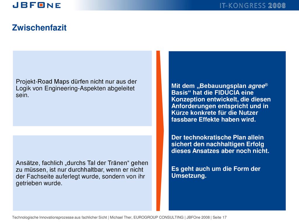 Zwischenfazit Projekt-Road Maps dürfen nicht nur aus der Logik von Engineering-Aspekten abgeleitet sein.